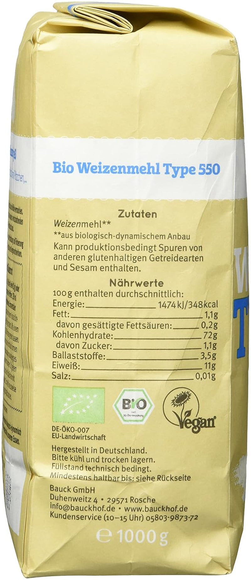 Harina de trigo Hof tipo 550 Demeter, 1 kg