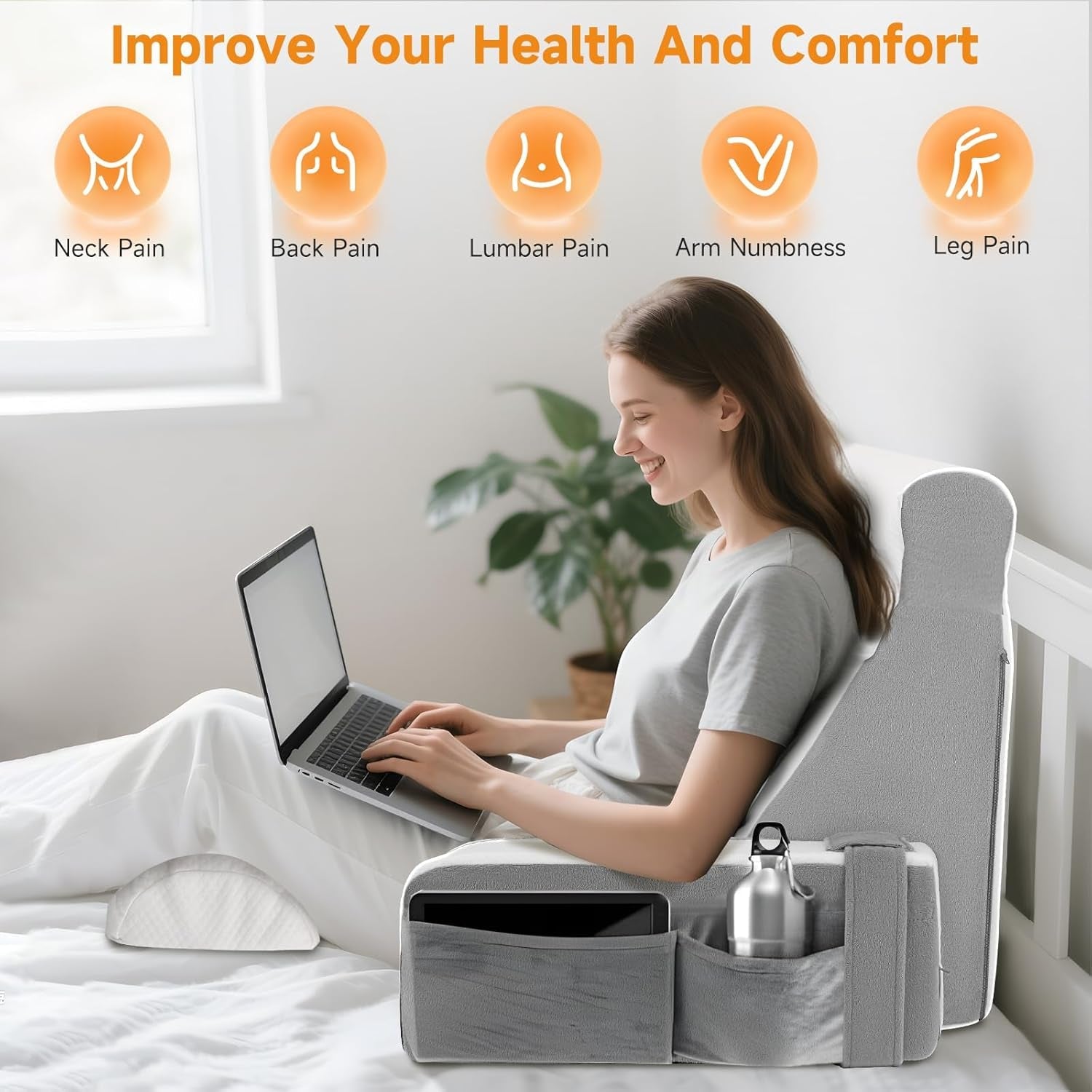 Almohada de lectura grande con soporte para el cuello y reposabrazos extraíbles, almohada de respaldo para cama, almohada de respaldo ergonómica con brazo, bolsillo y funda lavable para leer y ver televisión.
