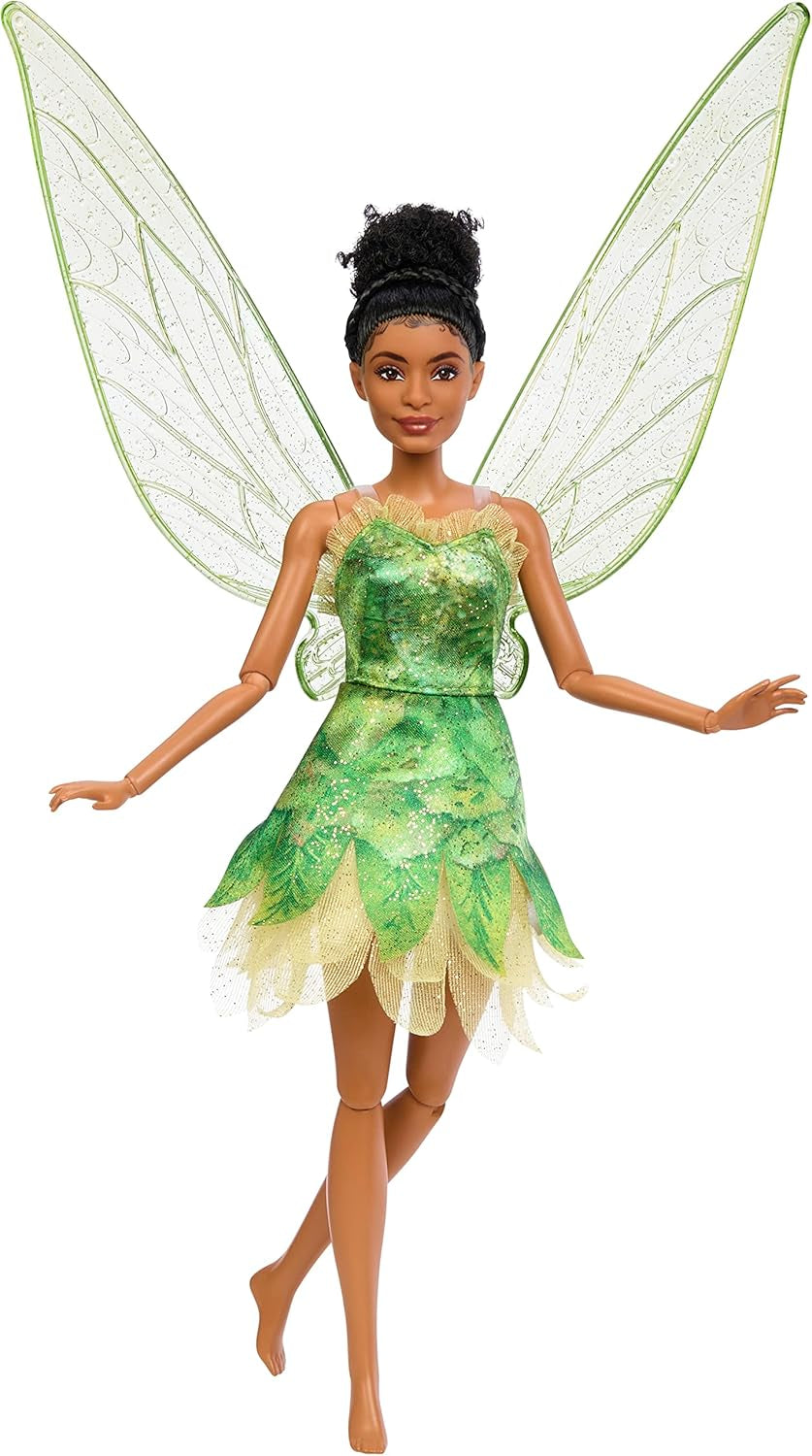 Muñeca Disney Peter Pan y Wendy Tinker Bell con alas móviles y vestido verde, regalo inspirado en la película para que los niños recrean escenas o sus propias aventuras HNY37