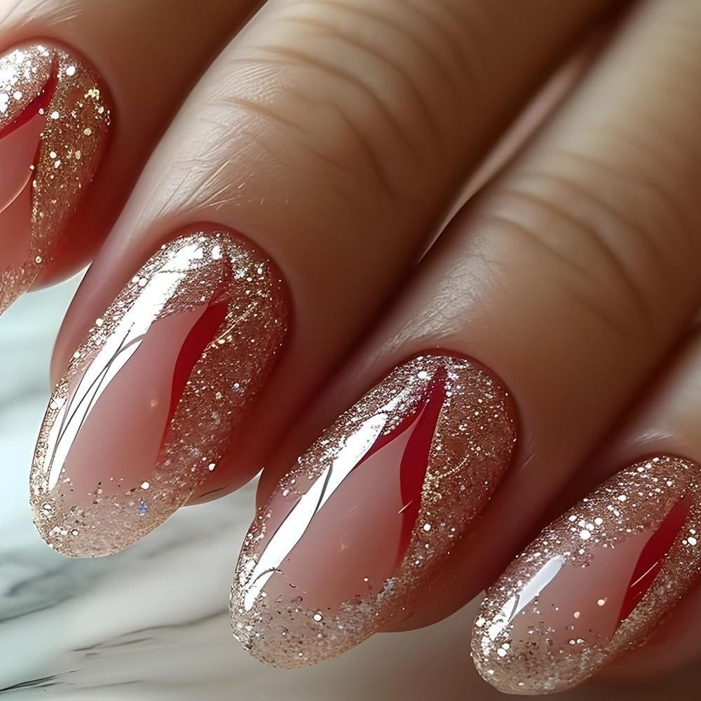 24 Uds. De uñas postizas con purpurina dorada, pegamento en remolino rojo, juego para uñas adhesivas, accesorios para uñas acrílicas para mujer
