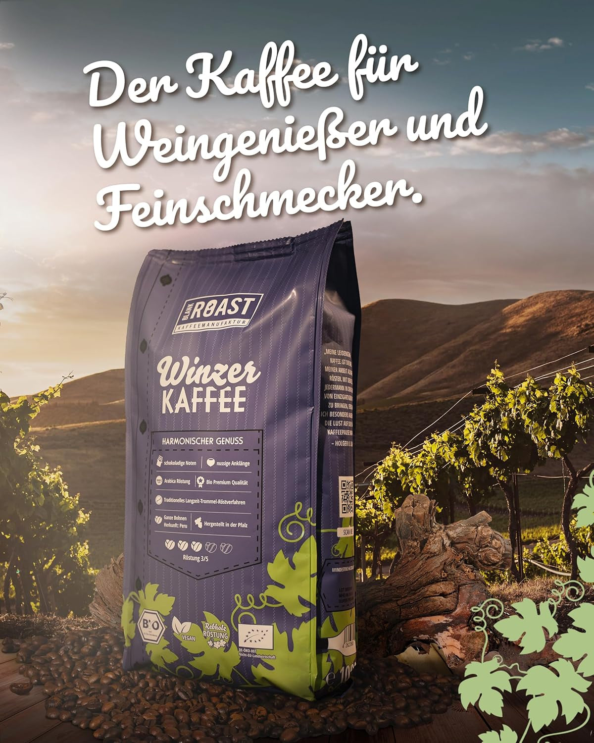 Blank Roast - BIO Winzer Kaffee 1000g - schonend mit Pfälzer Rebholz geröstet - ganze Kaffee-Bohnen aus Peru - 100% Arábica Röstung - schokoladig & nutsig - säurearm
