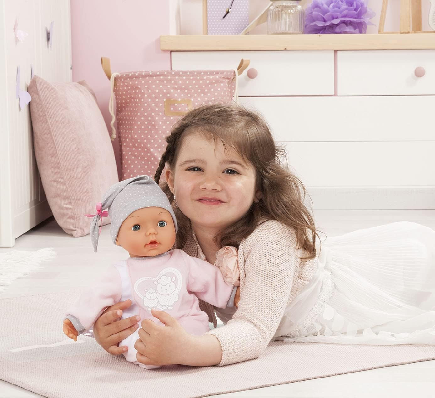 Bayer Design 93829AA My Piccolina muñeca interactiva con función, Muñeca que habla, Mueve la boca, 38 cm, Chupete, Biberón, Rosa, Gris
