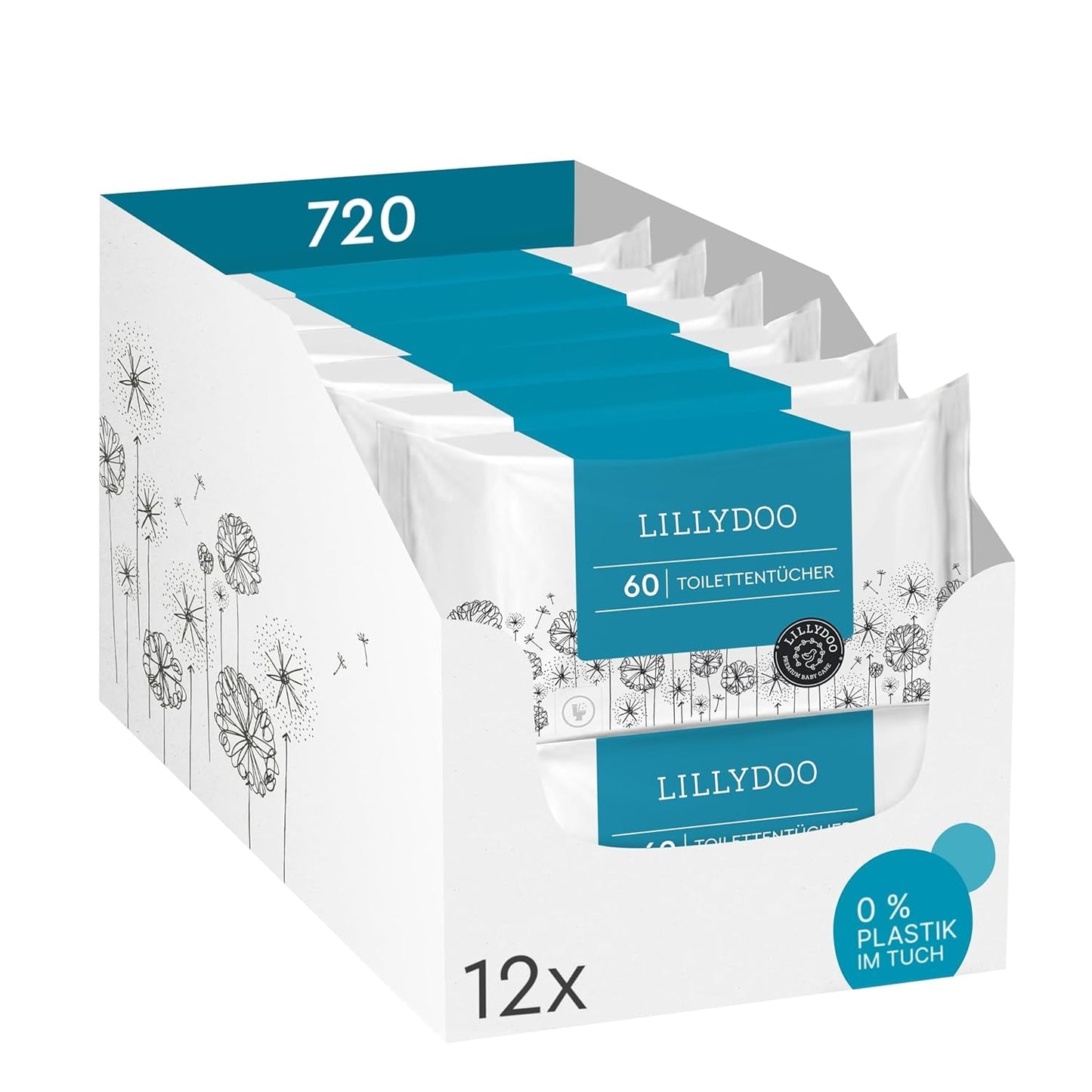 LILLYDOO Toallitas húmedas para inodoro 720 piezas (12 x 60) Toallitas desechables 100% sin plástico Sin fragancia