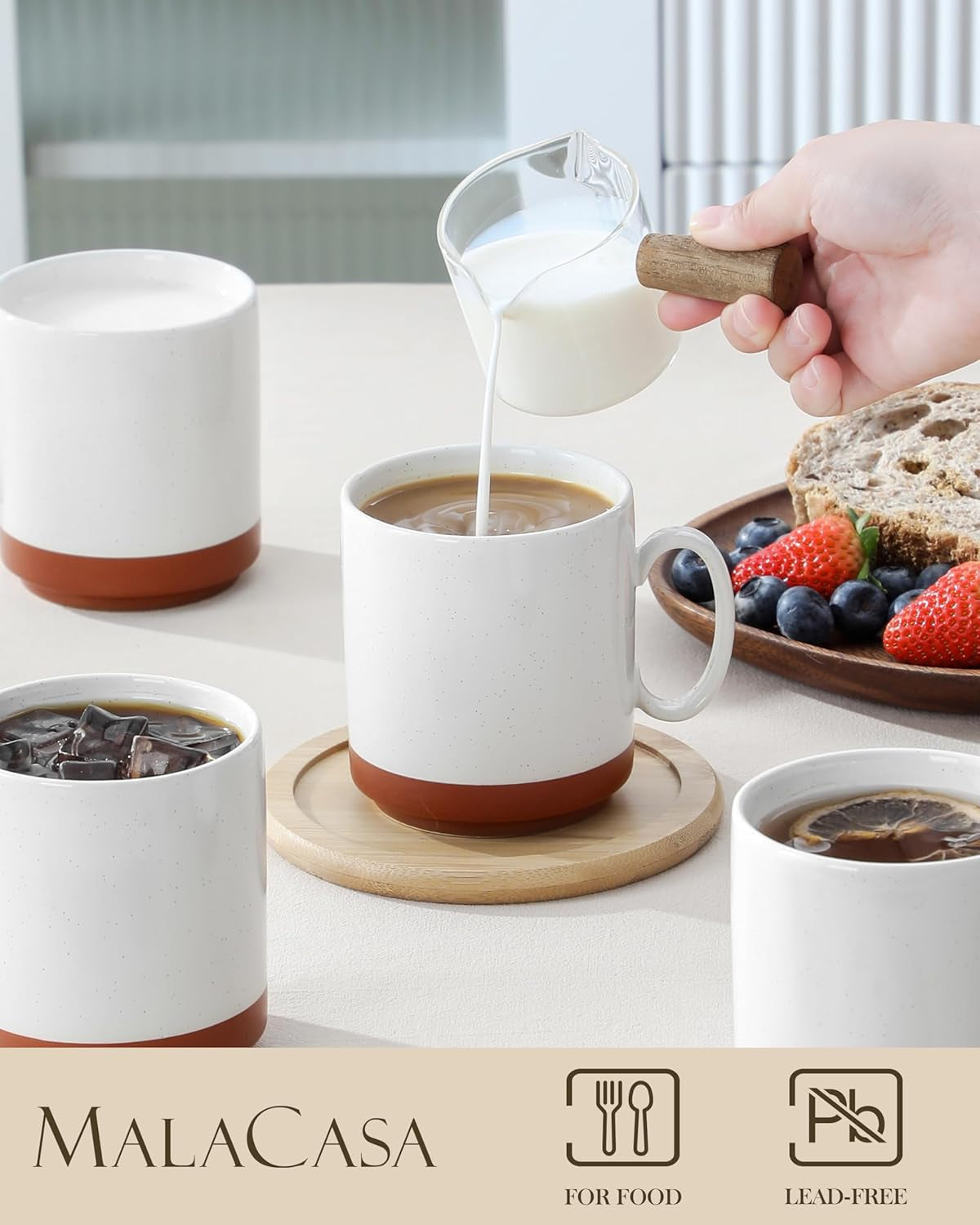 Juego de tazas de café MALACASA, juego de tazas de gres de 350ml para 4 personas, tazas de café modernas para té, zumo, café con leche, capuchino, chocolate caliente. Apto para lavavajillas y microondas, serie TARA, blanco caqui