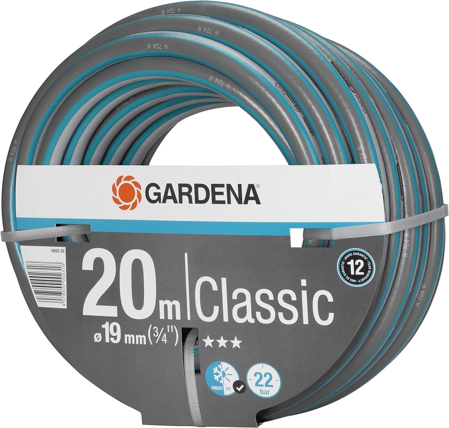 Manguera Gardena Classic 19 mm (3/4"), 20 m: Manguera de jardín universal de tejido resistente, tejido cruzado, presión de estallido de 22 bar, resistente a los rayos UV, sin componentes del sistema, 12 años de garantía (18022-20)