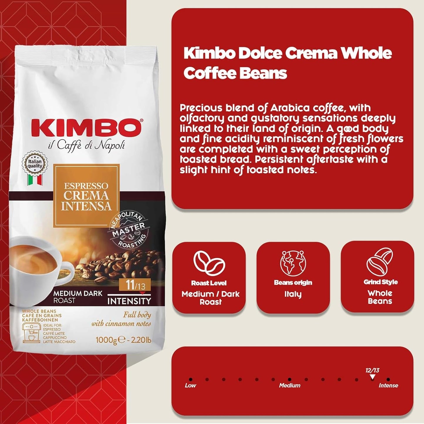 Espresso Crema Intesa, 6 granos de café x 1 kg, blend intenso y con mucho cuerpo, intensidad 11/13, tueste medio, 6 paquetes de 1 kg cada uno