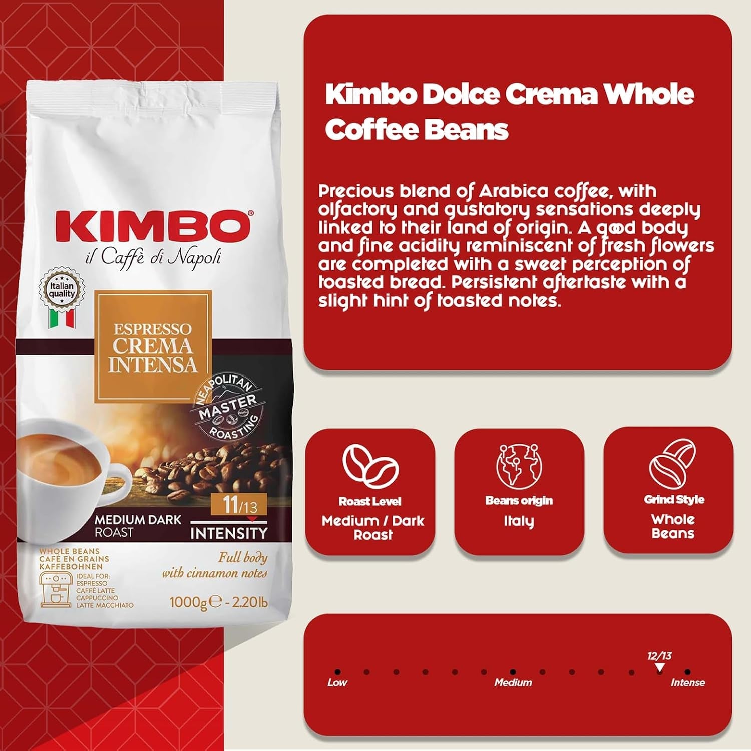 Espresso Crema Intesa, 6 granos de café x 1 kg, blend intenso y con mucho cuerpo, intensidad 11/13, tueste medio, 6 paquetes de 1 kg cada uno