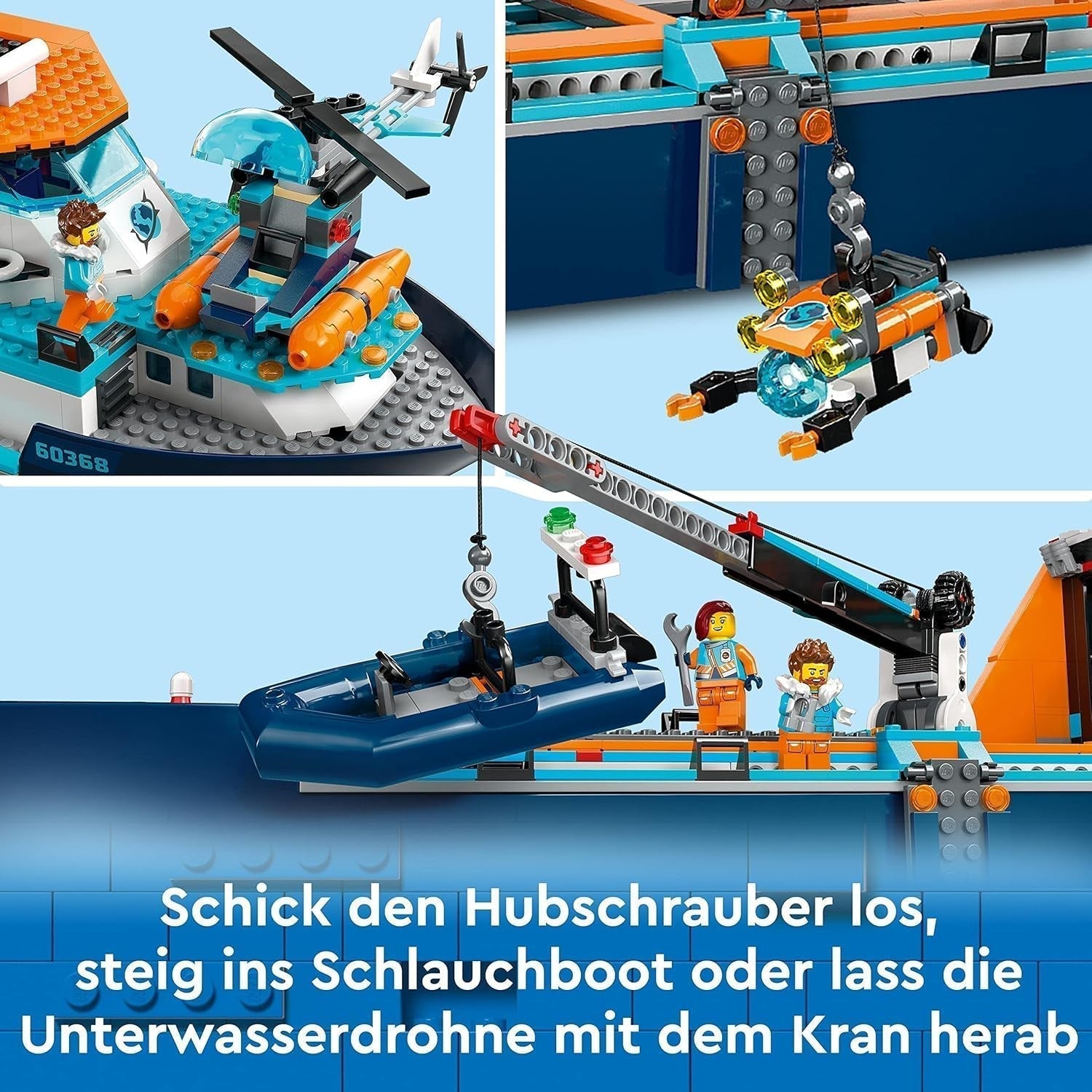 LEGO City Barco de investigación ártico, gran barco flotante de juguete con helicóptero, barco inflable, submarino Rov, naufragio vikingo, 7 minifiguras y figura de orca, regalo para niños a partir de 7 años 60368 Juegos de construcción Besuche den LEGO-Store