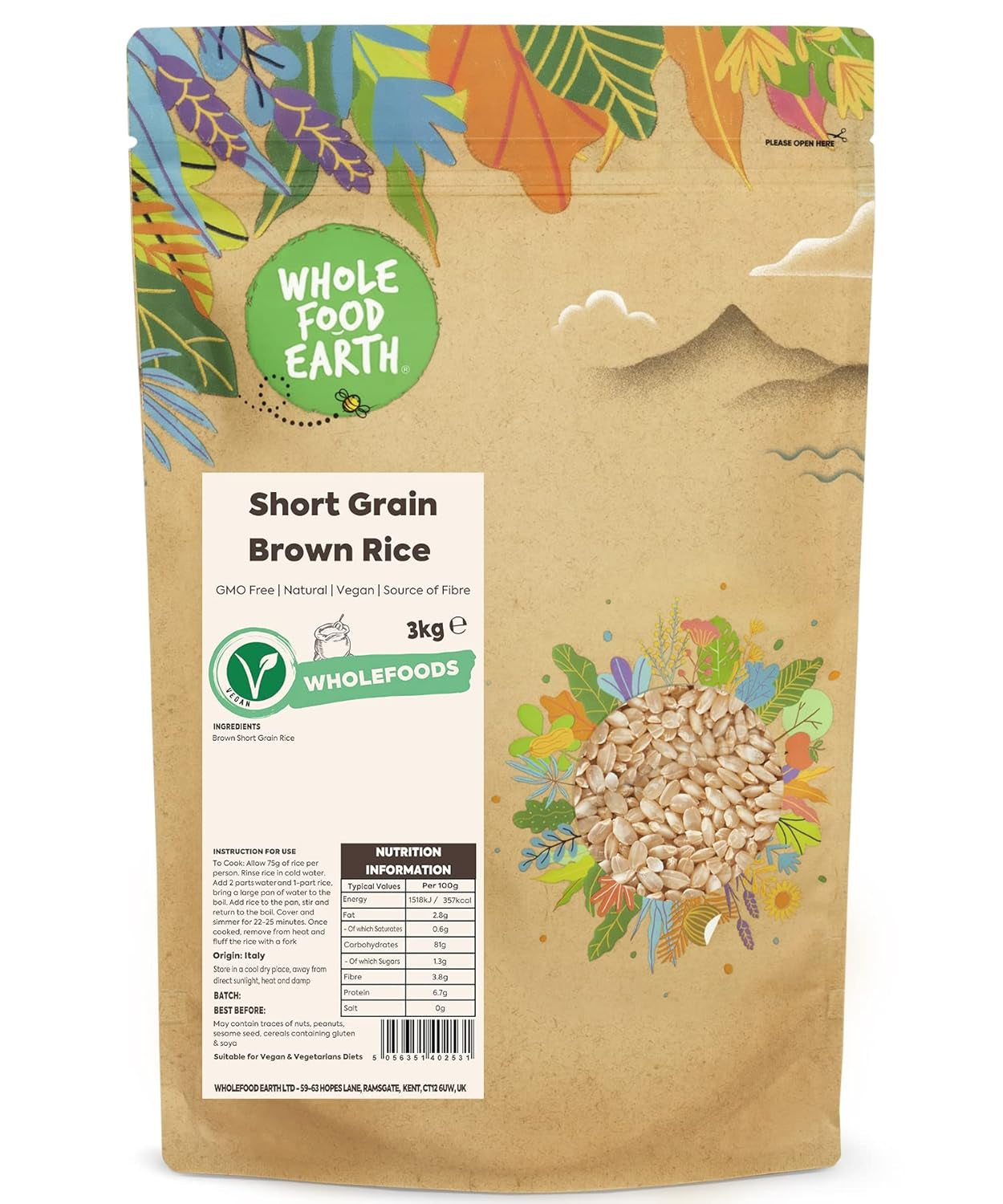 Arroz integral de grano corto Wholefood Earth - sin OGM - natural - vegano - sin lácteos - sin azúcares añadidos, 3 kg