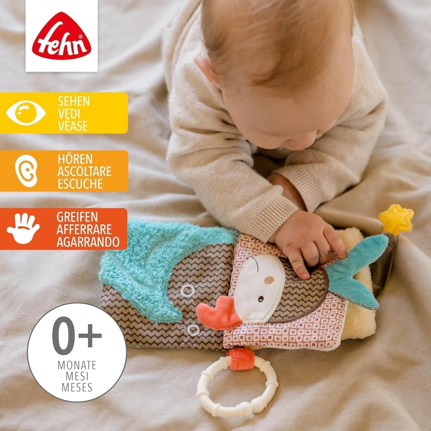 Fehn Libro ilustrado blandito Bruno - libro blandito para bebés de tela con motivos de animales - libro de juguetes de tela para colgar en cochecitos y sillas de coche - libro con petardos para bebés y niños a partir de 0 meses Baby Toys Naty Shop