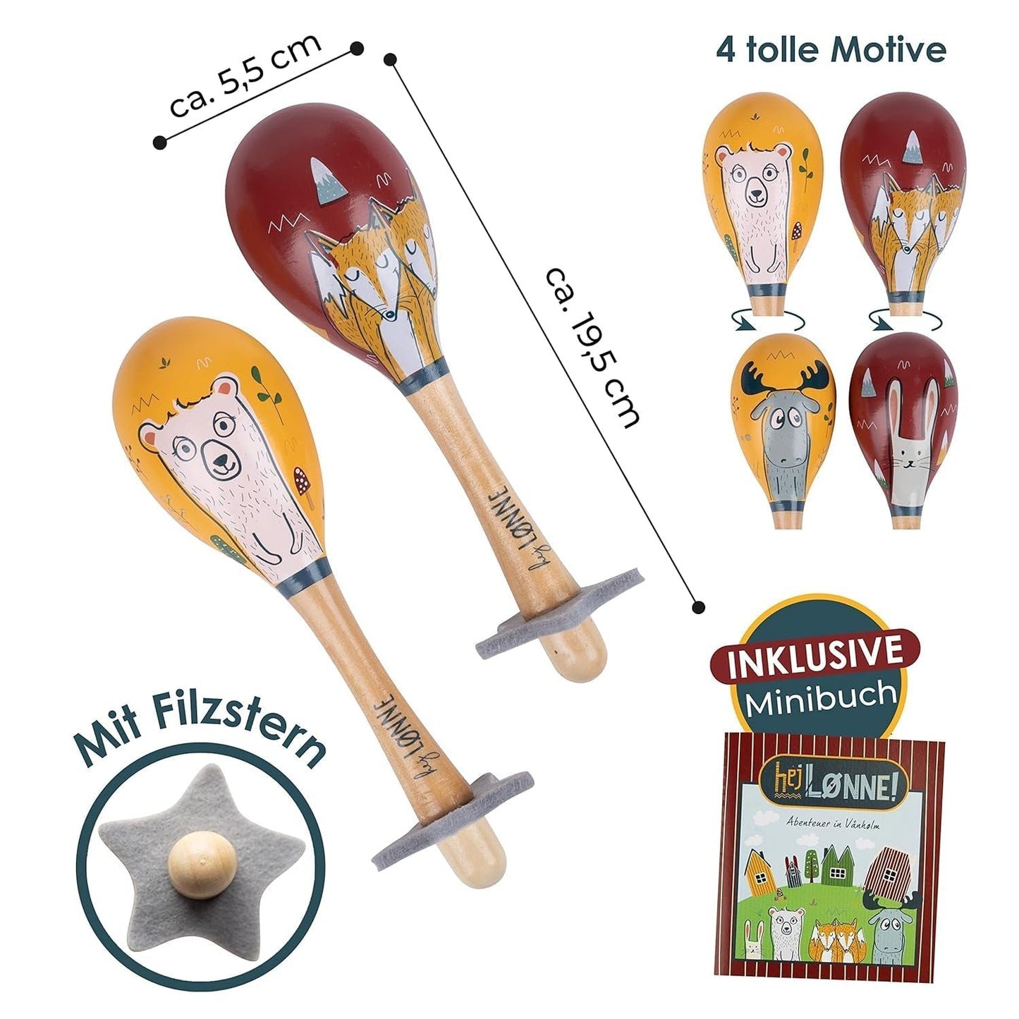 HEJ LØNNE juego de 2 cascabeles de madera - Maracas infantiles - instrumento musical de madera para favorecer la motricidad, la coordinación y el comportamiento social - cascabel de madera para niños - juguete infantil Juguetes Bebe Naty Shop