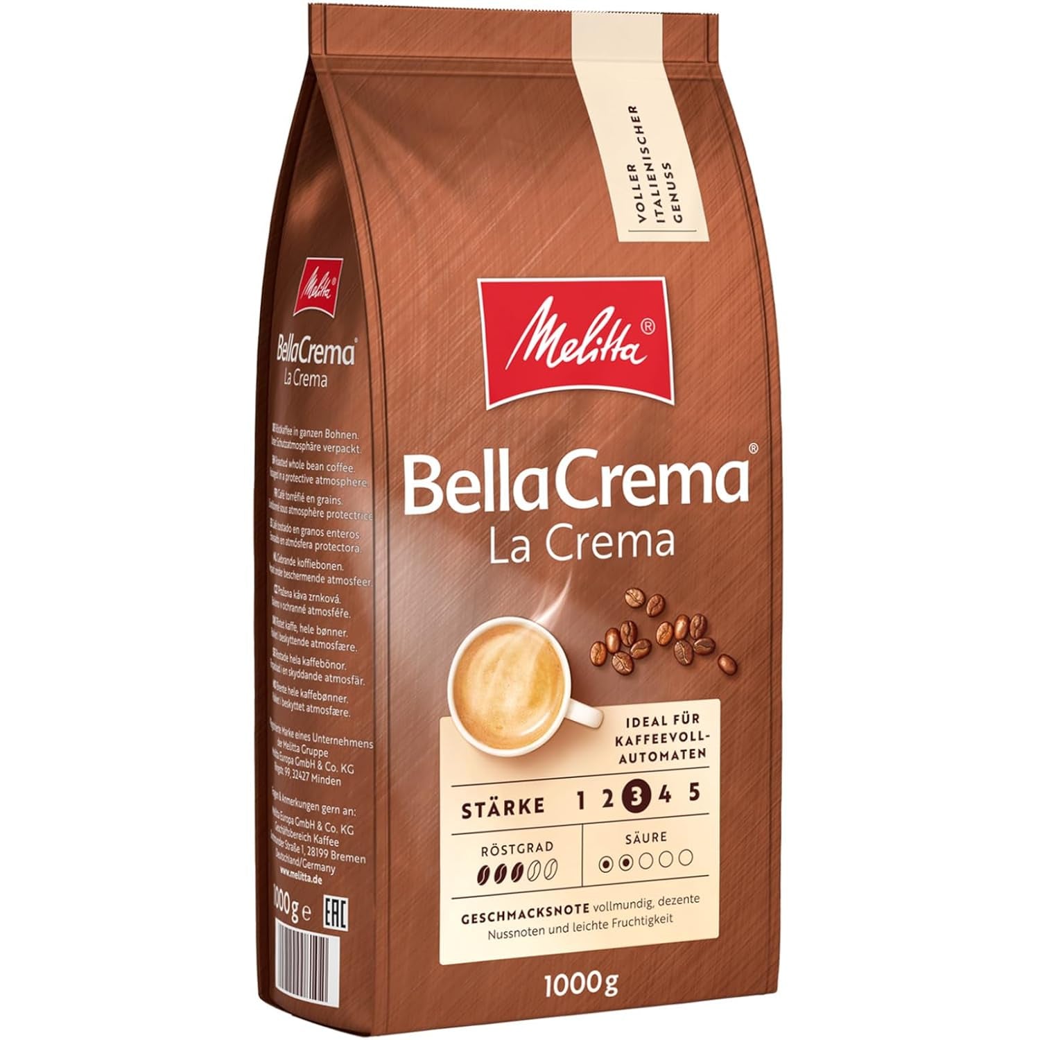 3 granos de café Melitta BellaCrema La Crema, tostado medio, 1 kg cada uno