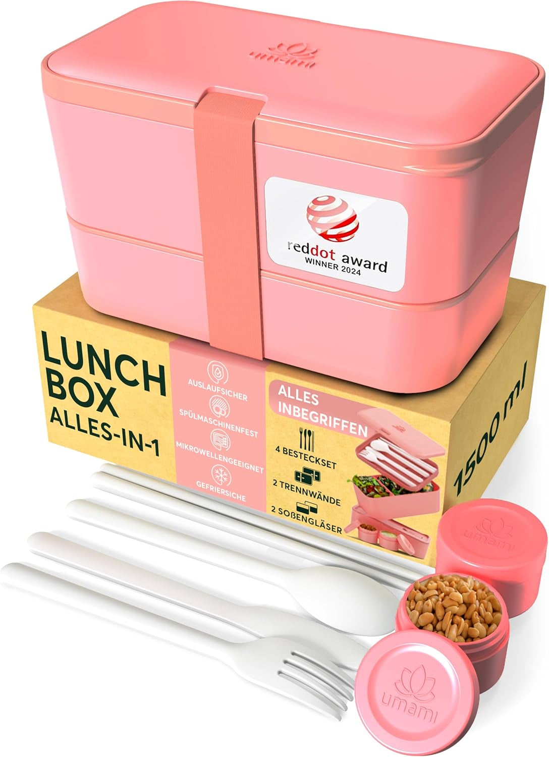 Umami Fiambrera para Adultos, Fiambrera Bento Apilable a Prueba de Fugas con 4 Cubiertos y Compartimentos, Fiambrera para Adultos, Recipiente para Ensalada para Llevar, Fiambrera para Picnic/Oficina, Gris Carbón, 1500ml
