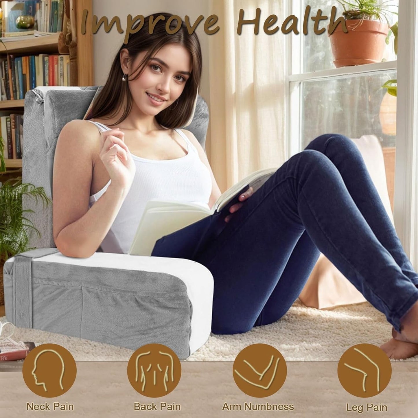 Almohada de lectura grande para cama y sofá, almohada de espalda para adultos con soporte para el cuello y reposabrazos, almohada de respaldo ergonómica con bolsillo y funda lavable para descansar, leer, mirar televisión (WH)