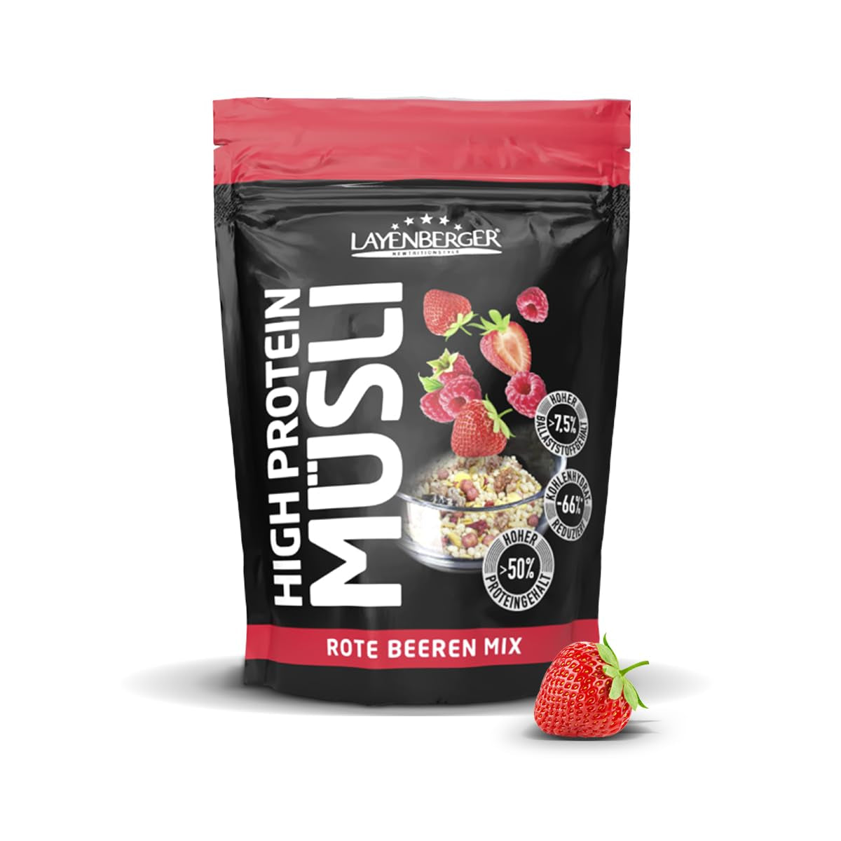 Layenberger Muesli 3K rico en proteínas, 50% Eiweiß y 18% Kohlenhidrato - Paquete individual (1X 390 G) - Schoko-Nuss Cereale Naty Shop 360 G (1 paquete) Rote Beeren Mix