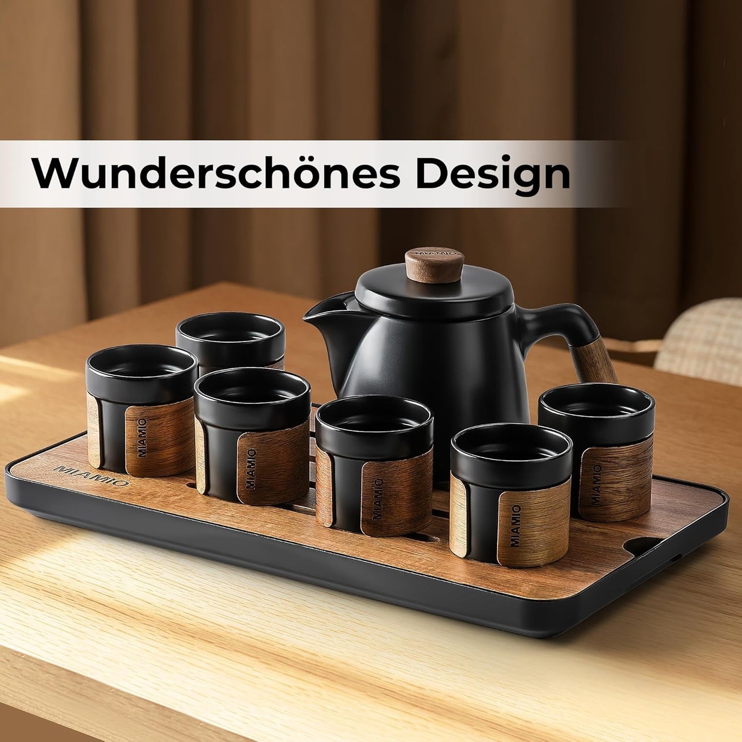 MIAMIO - Juego de Té Japonés/Chino 6 x 100ml / Tetera Asiática 620ml con Infusor de Té, Juego de Tetera Tradicional Japonesa para Amantes del Té/Hombres/Mujeres (Negro)