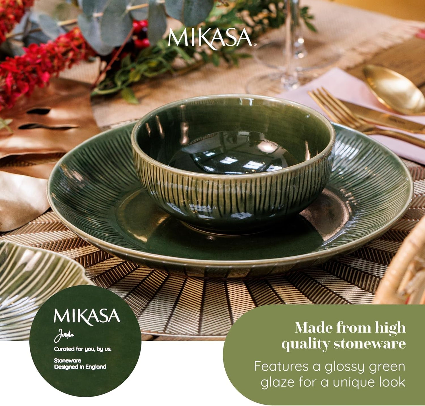 Mikasa Jardin Vajilla de gres de 12 piezas, vajilla para 4 personas con platos, guarniciones y cuencos, verde - Caja de regalo y apta para lavavajillas