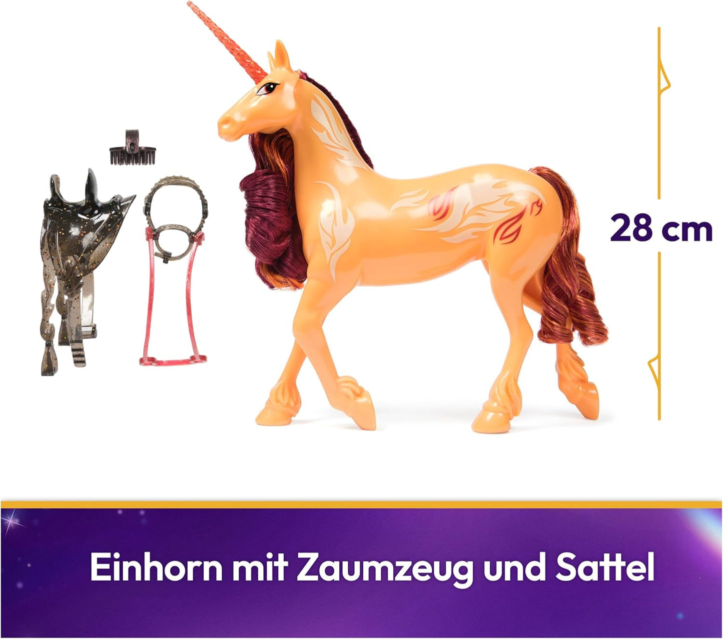 Unicorn Academy Cinder the Unicorn - Unicornio Valentina original de 28 cm de altura de la serie de Netflix, con melena y cola reales, brida, silla y cepillo extraíbles, para niños a partir de 4 años