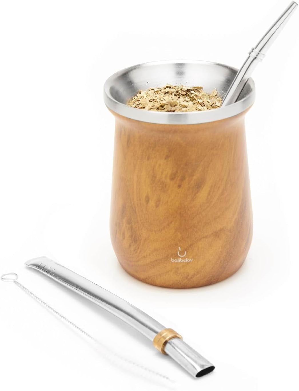 Juego de té Yerba Mate balibetov (taza de mate) hecho de acero inoxidable con bombilla (pajita) para mate, Juego de Yerba Mate fácil de limpiar y muy duradero (MADERA)