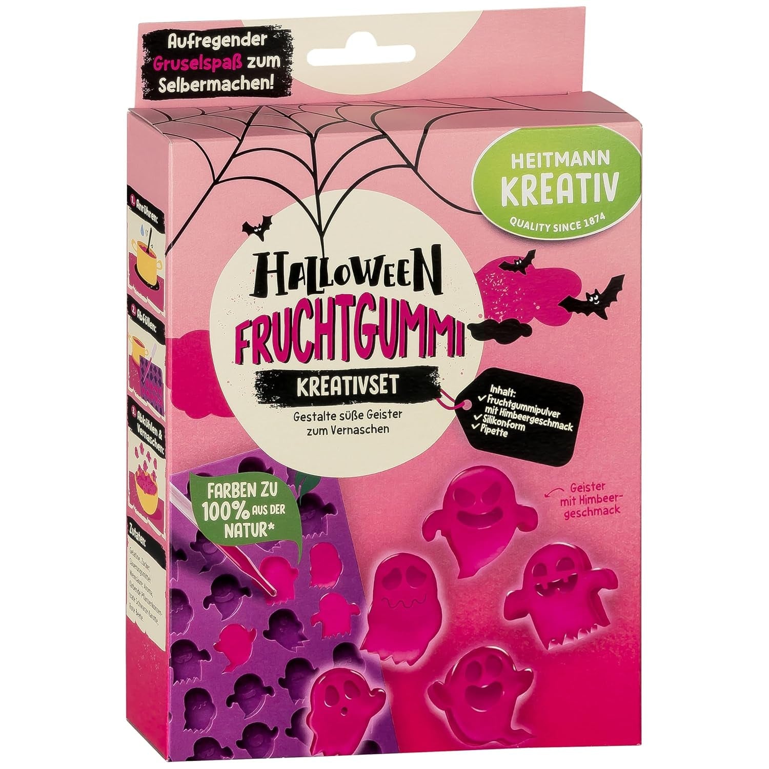 HEITMANN KREATIV - Set Creativo de Chicles de Frutas para Halloween - Tintes en Polvo a Base de Plantas - Rosa - Chicles de Frutas con Forma de Fantasma DIY con Sabor a Frambuesa