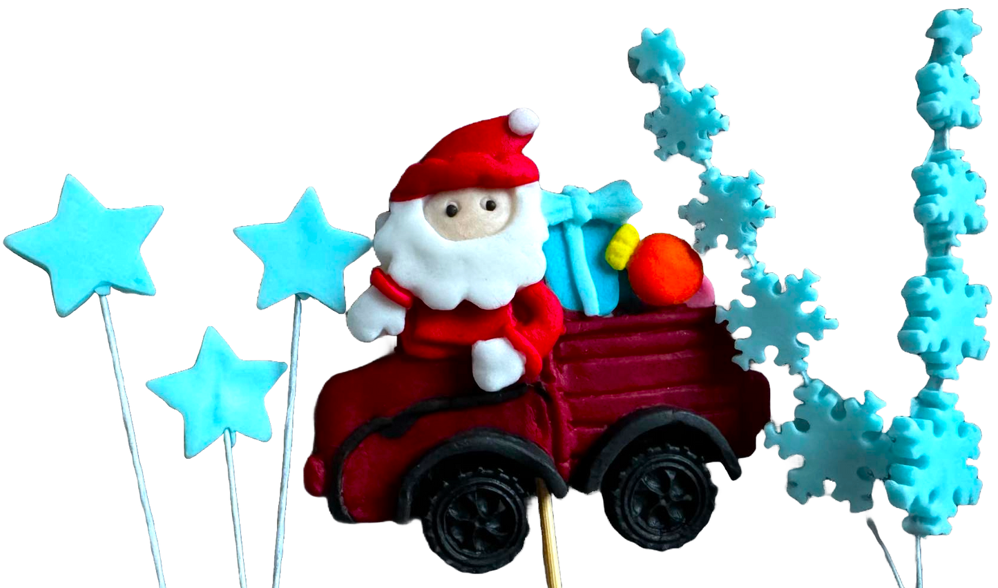 Set de 6 adornos comestibles de pasta de azúcar, Navidad, coche de Papá Noel, estrellas y copos de nieve Adornos de Pasta de Azúcar Naty Shop
