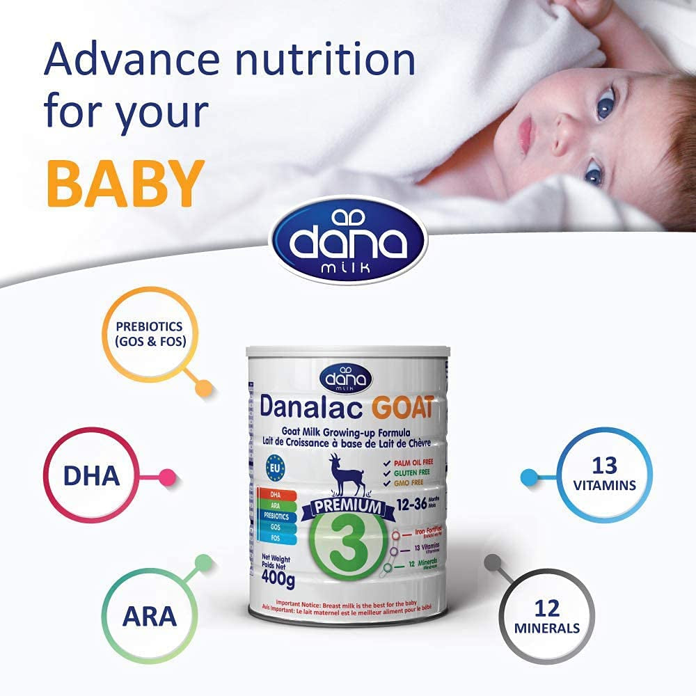 Danalac (paquete de 1) Fórmula avanzada de leche de cabra para el crecimiento 800 g de leche en polvo para bebés etapa 3 para niños pequeños y bebés de 1 a 3 años