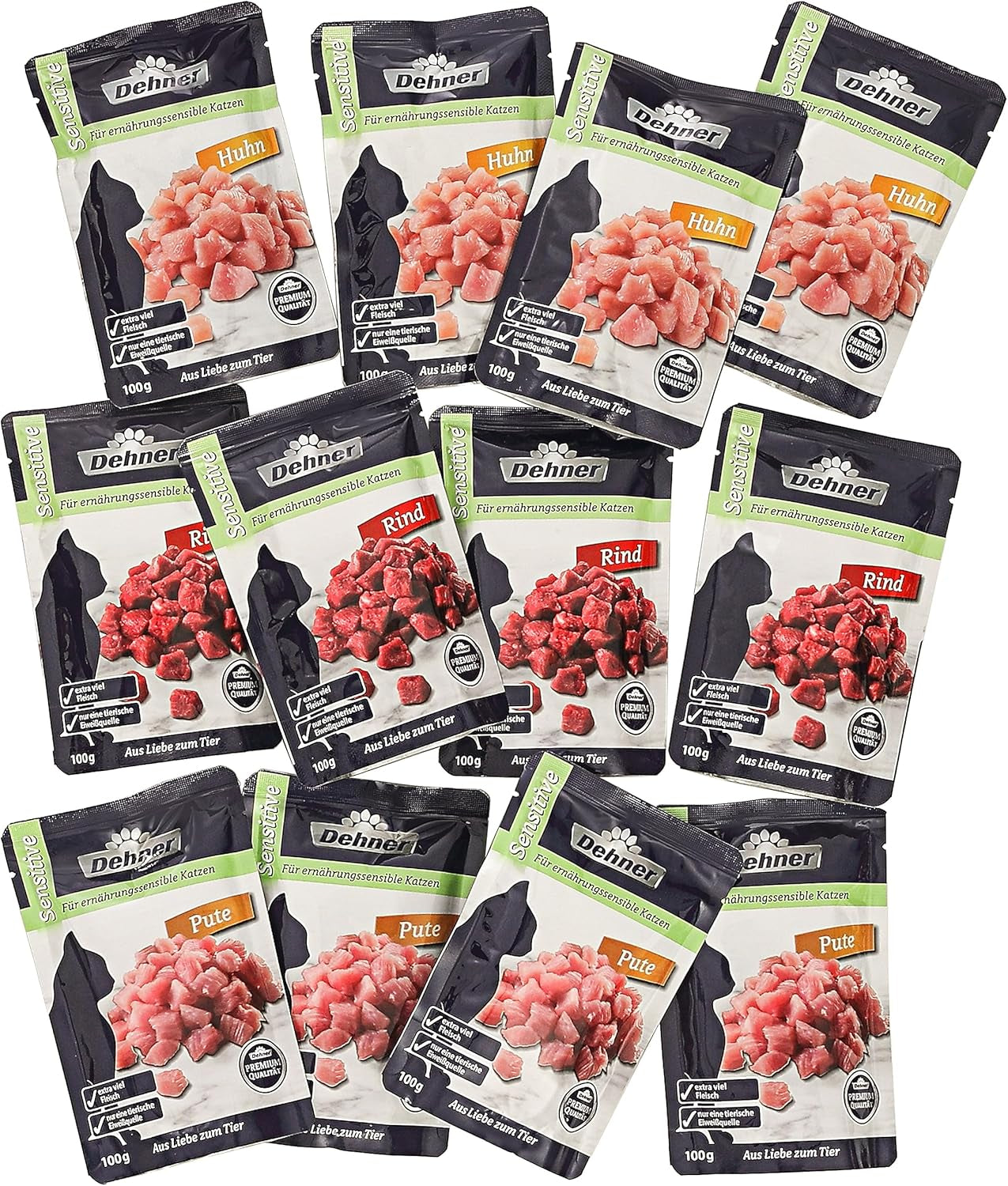 Dehner Premium Katzenfutter Sensitive Multipack, Nassfutter, para Katzen sensibles, je 4 x Huhn / Rind / Pute, 12 x 100 g Bolsa (1,2 kg)