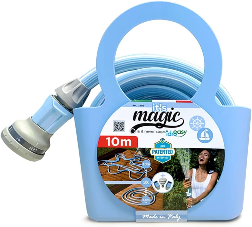 Manguera de jardín extensible Magic Blue, resistente a nudos y torceduras, 10 metros, con bolsa y boquilla pulverizadora