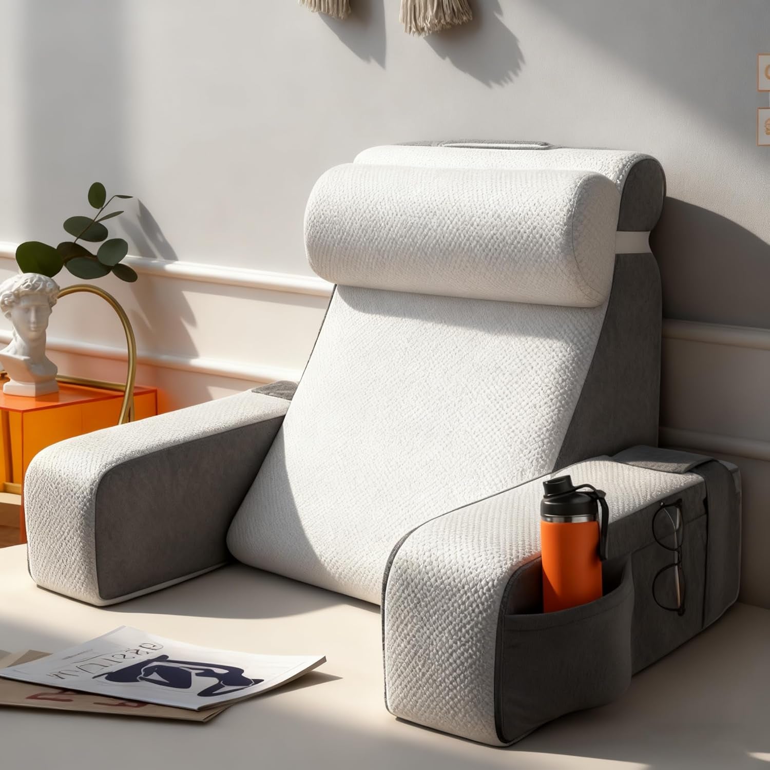 Almohada de lectura grande con soporte para el cuello y reposabrazos extraíbles, almohada de respaldo para cama, almohada de respaldo ergonómica con brazo, bolsillo y funda lavable para leer y ver televisión.