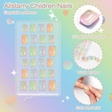 72 piezas de uñas prepegadas para niños, cobertura completa, brillo de color, arco degradado, uñas artificiales cortas, gran regalo para niños y niñas, arte de uñas, brillo arcoíris