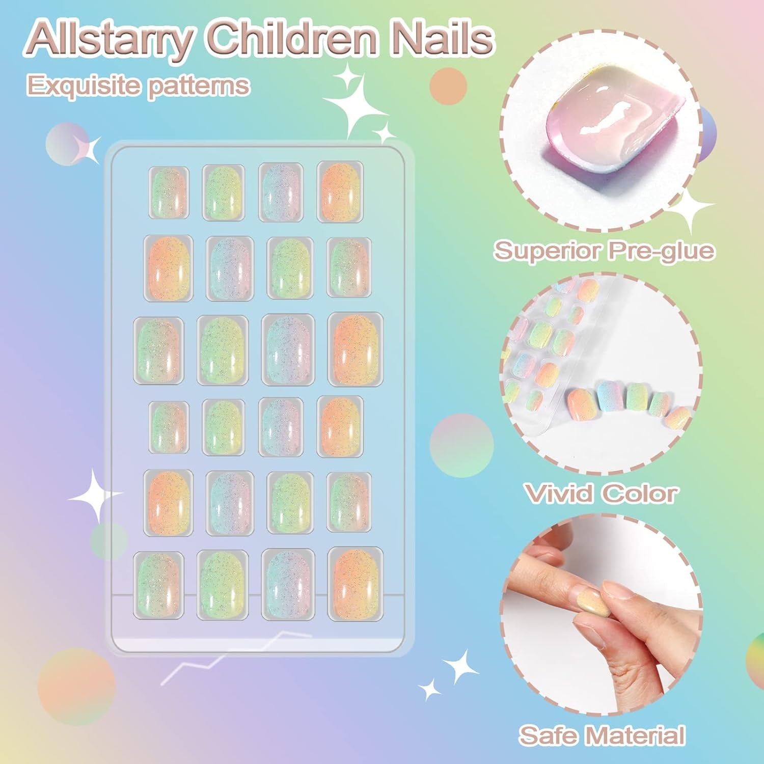 72 piezas de uñas prepegadas para niños, cobertura completa, brillo de color, arco degradado, uñas artificiales cortas, gran regalo para niños y niñas, arte de uñas, brillo arcoíris