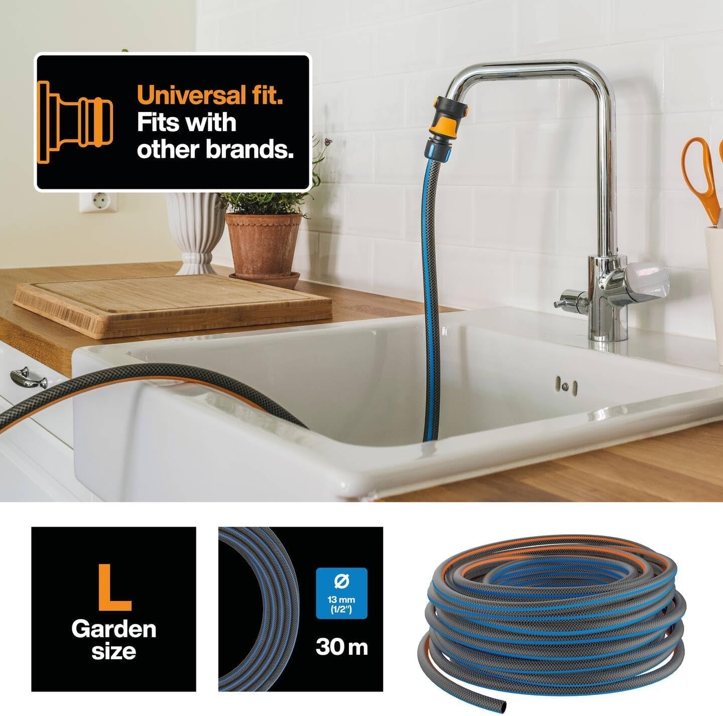 Fiskars L Manguera de agua, Protección UV, Prueba de presión, Rigidez torsional Nivel 4 (de 5), 30 m, Ø 1,3 cm (1/2"), 4,2 kg, Negro/Naranja/Azul, 1027105