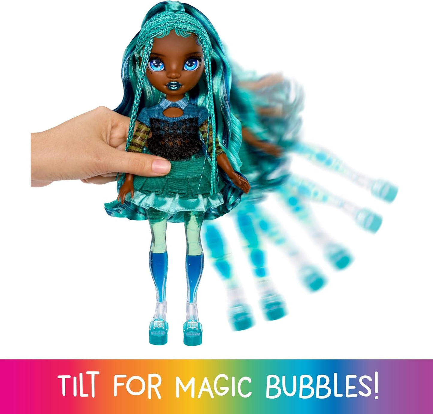 Muñeca Rainbow High Sparkle & Shine - Misty - Muñeca de moda de 28 cm con cabello turquesa y burbujas mágicas de pie, colorida, para vestirse y jugar, coleccionable para 4-12 años