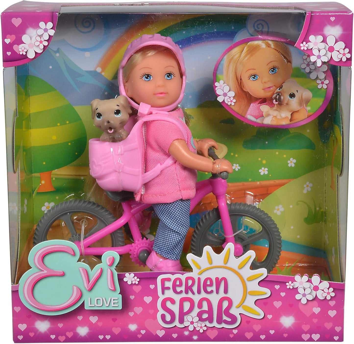 Simba 105733273 - Evi Love Fun Holiday Bike Doll con bicicleta, perro y mochila, Fashion Doll, 12 cm, para niños a partir de 3 años