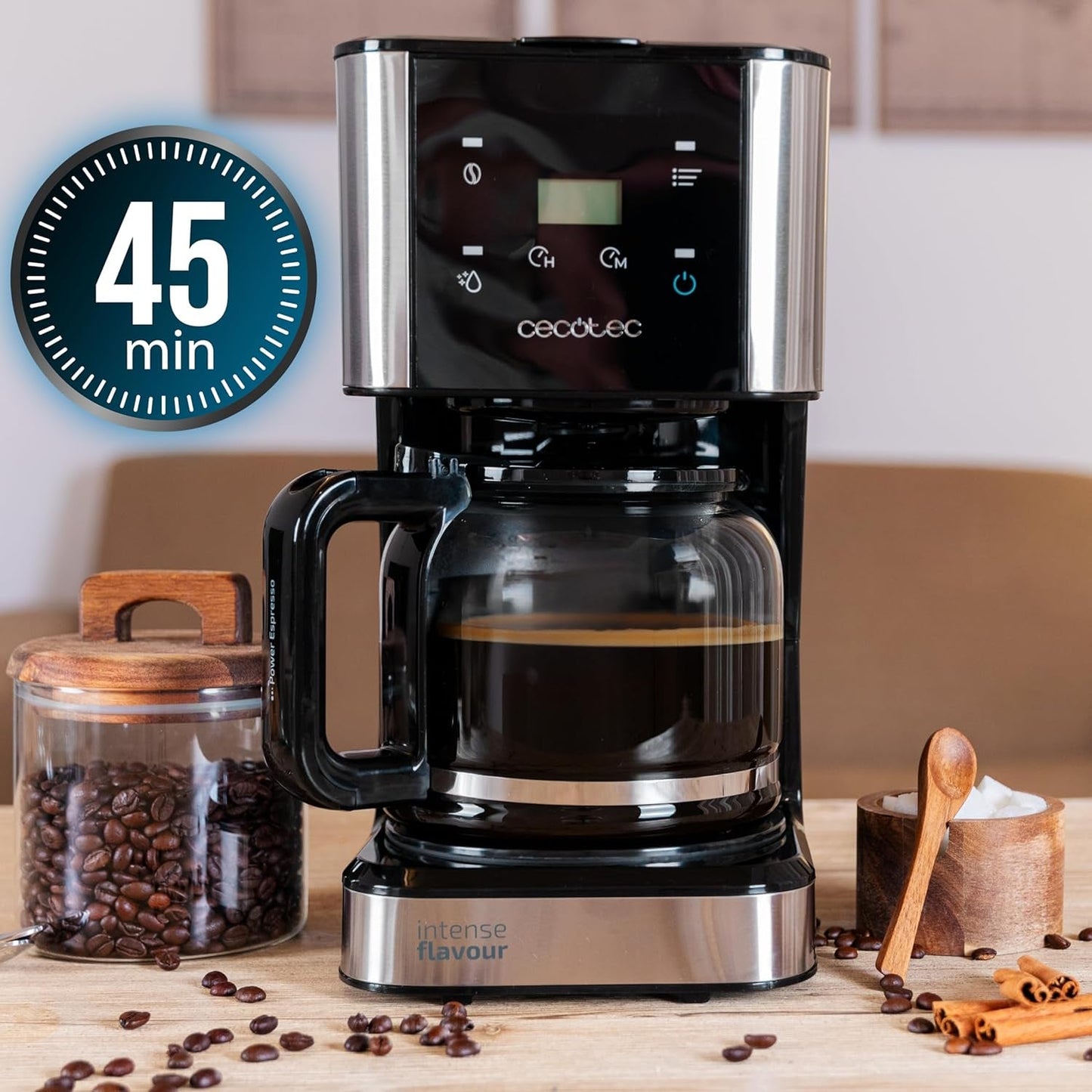 Espresso con filtro Cecotec Coffee 66 Drop and Touch, potencia 950 W, 1,5 L, 12 tazas, pantalla táctil, jarra de cristal, temporizador 24 horas, 6 interruptores, filtro de malla reutilizable