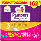 Pañales Pampers Progressi & Fit Prime Midi, formato corto, 162 pañales, talla 3 (4-9 kg), suscripción online al gimnasio durante 1 mes de regalo