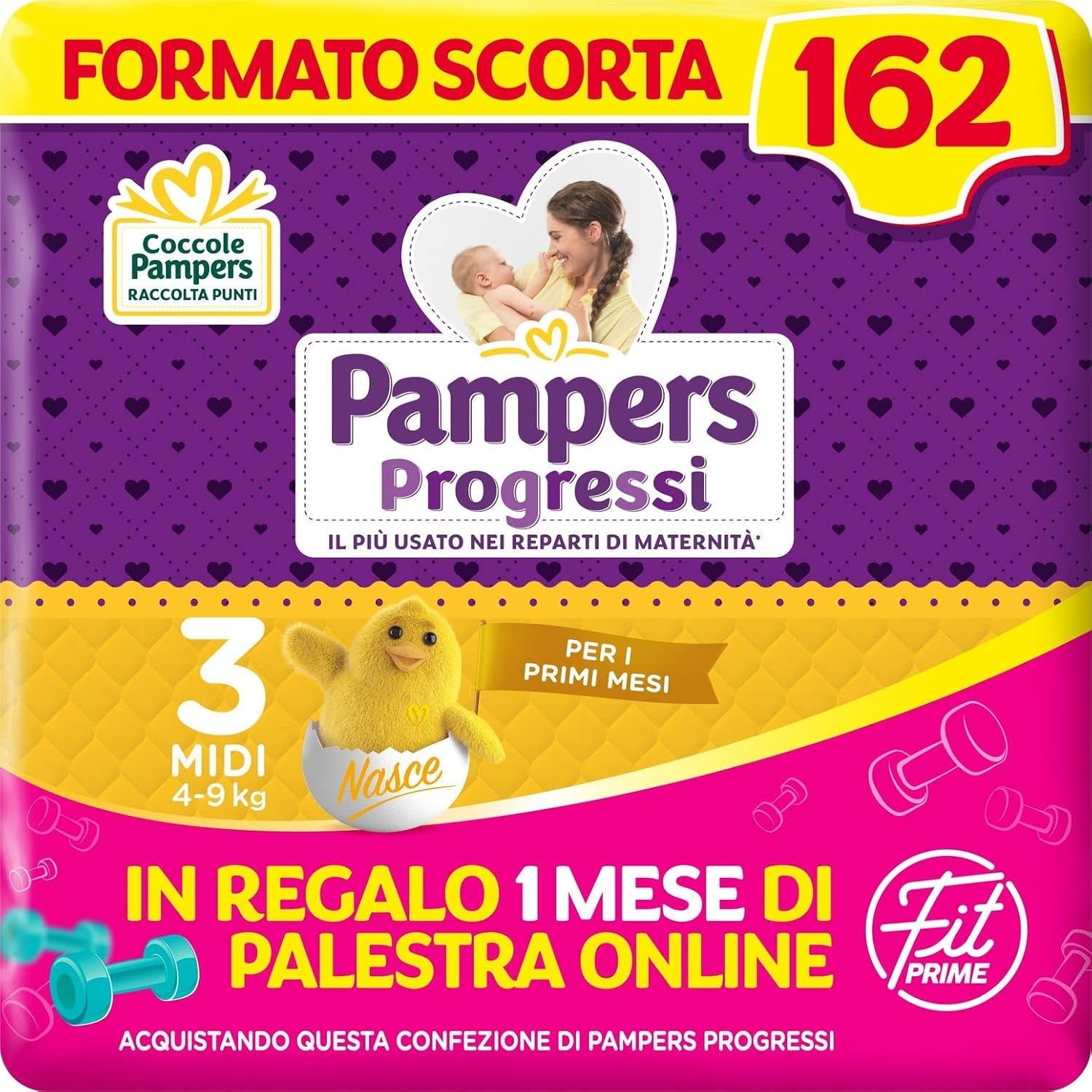 Pañales Pampers Progressi & Fit Prime Midi, formato corto, 162 pañales, talla 3 (4-9 kg), suscripción online al gimnasio durante 1 mes de regalo