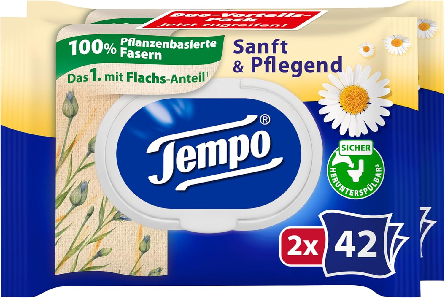 Toallitas Higiénicas Tempo "Gentle & Caring" - Megapack - 16 paquetes de 42 toallitas - Duo Packs - con manzanilla natural - papel higiénico, dermatológicamente testado y neutro al Ph de la piel