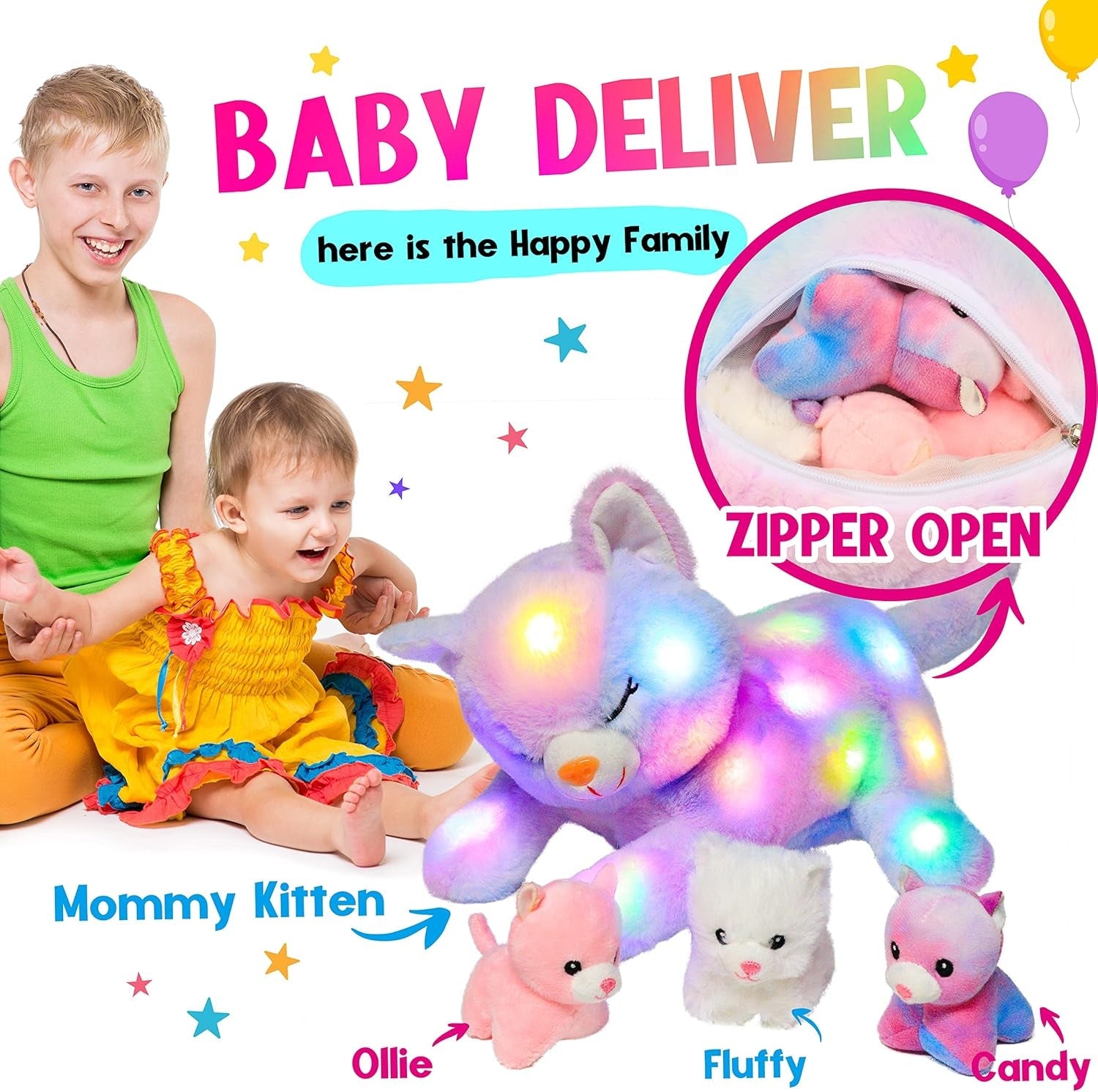 Gato de Peluche Musical LED, Juguete Que Canta con Luz, Madre Gata con 3 Gatitos en el Vientre, Canción de Cuna Animada, Juguete Relajante para Madres, Niños, Niñas, Arco Iris, 45 cm