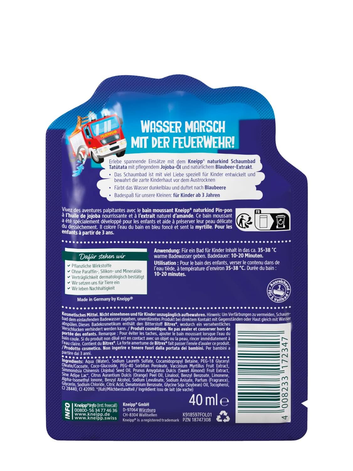 Kneipp Naturkind, aditivo de baño con aceite nutritivo de jojoba y extracto natural de arándano, sabor afrutado de arándano, agua azul, 40 ml Ducha y baño Naty Shop