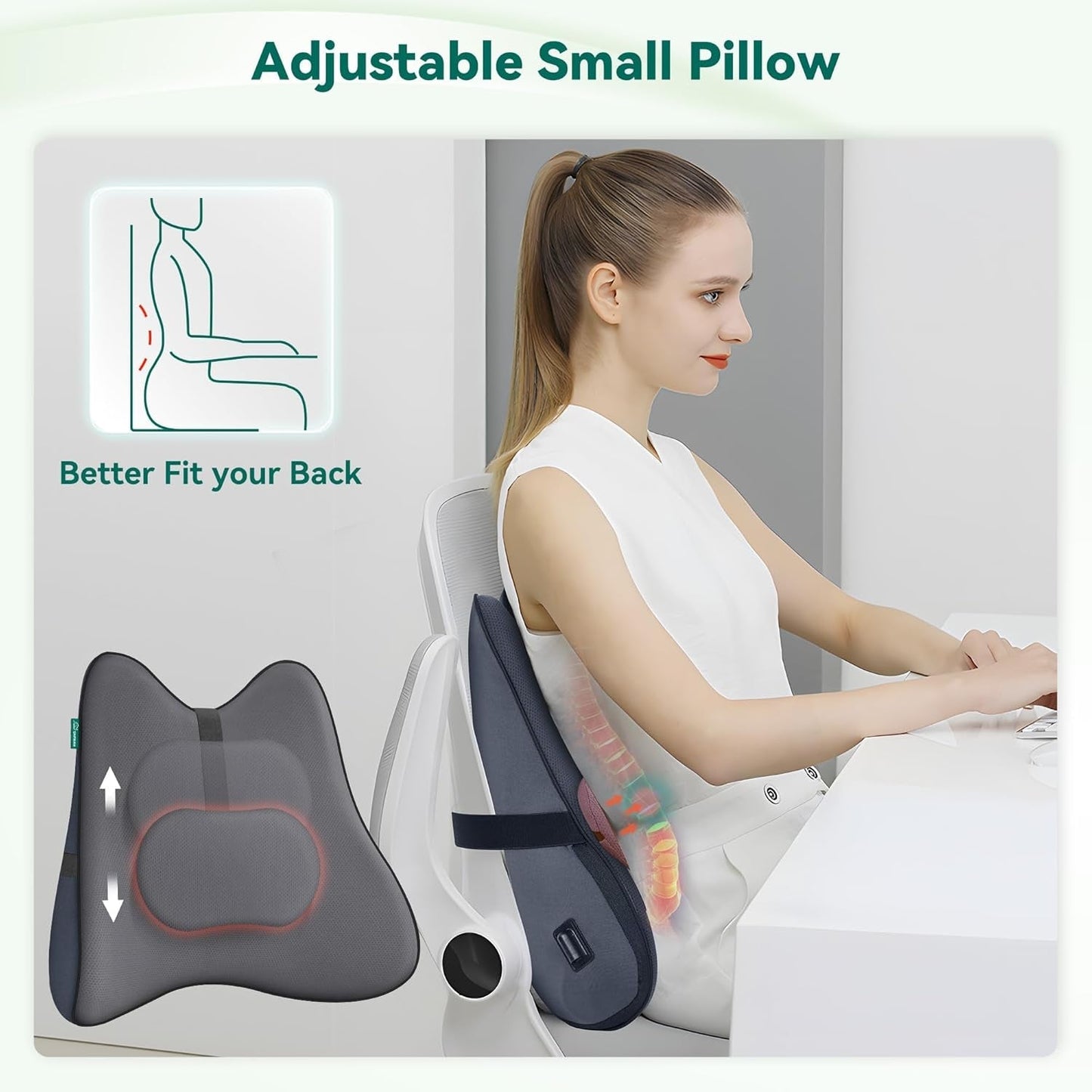 Snailax Almohada Ergonómica de Apoyo Lumbar con Masaje y Calor, Almohada de Espalda Shiatsu de Espuma Viscoelástica, Cojín de Asiento con 3 Intensidades de Masaje | 2 niveles de calor | 3 temporizadores | postura sentada cómoda