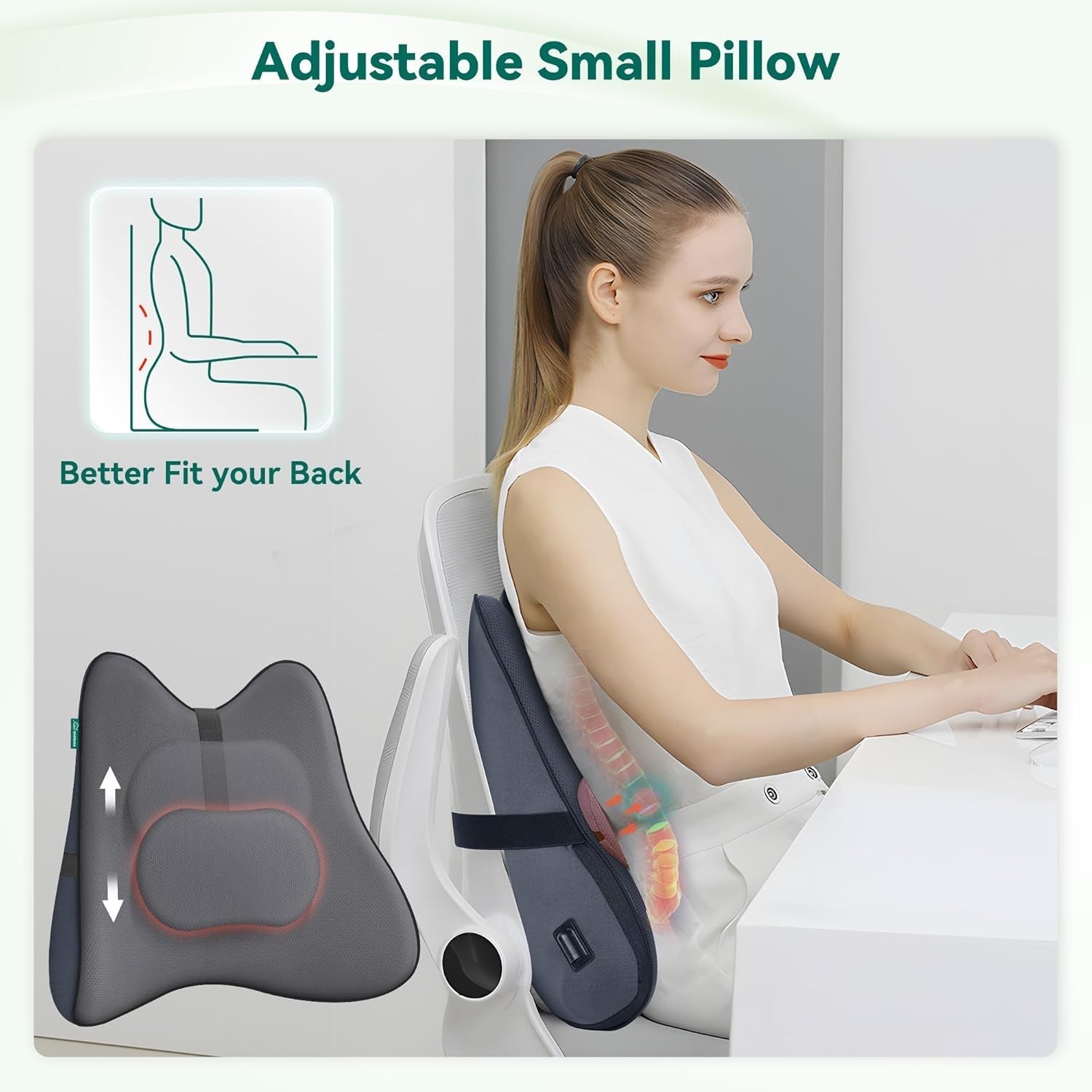 Snailax Almohada Ergonómica de Apoyo Lumbar con Masaje y Calor, Almohada de Espalda Shiatsu de Espuma Viscoelástica, Cojín de Asiento con 3 Intensidades de Masaje | 2 niveles de calor | 3 temporizadores | postura sentada cómoda