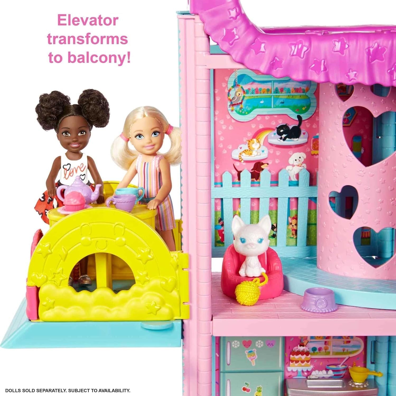 Casa de juegos Barbie Chelsea: 3 pisos transformadores, áreas de juego secretas, ascensor, piscina, tobogán, 2 mascotas y más de 20 accesorios, para mayores de 3 años, HHX44 Naty Shop Casas de muñecas