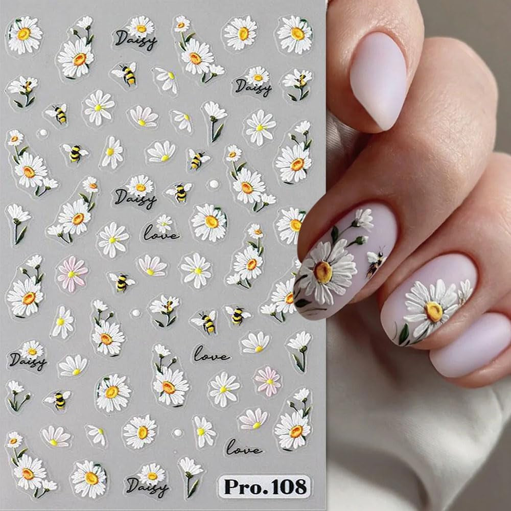 5 uds Geprägte Gänseblümchen Nagelsticker Selbstklebend Blumen Nagelaufkleber Gänseblümchen Schmetterling Nagel Sticker Nageldesign Aufkleber Nägel Zubehör Blume Nail Sticker Flower Nail Art Stickers