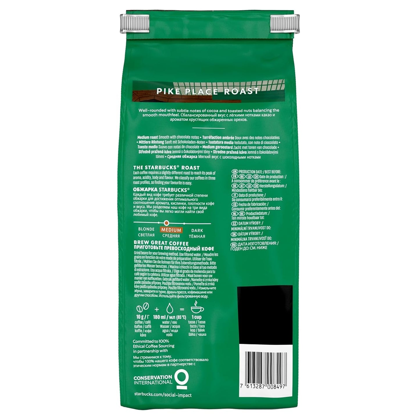 STARBUCKS Pike Place Roast, Mittlere Röstung, Ganze Kaffeebohnen 450g (paquete de 4)