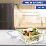 Max Home Paquete de 8 Recipientes Herméticos de Vidrio Fiambrera de Vidrio para Microondas Recipientes para Alimentos Resellables Tapas Transparentes de 550 ml Recipientes para Alimentos (16538) Cajas de Almacenamiento de Alimentos Naty Shop