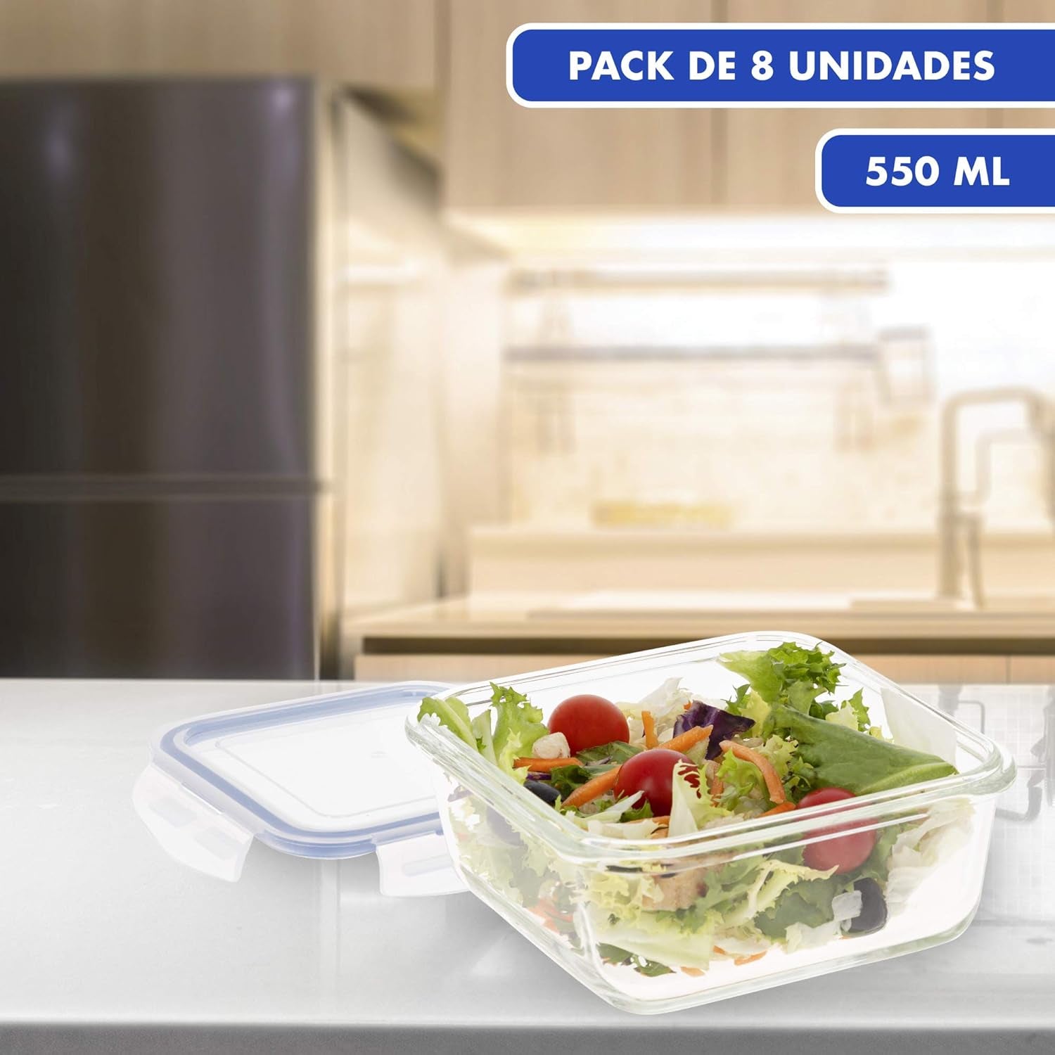 Max Home Paquete de 8 Recipientes Herméticos de Vidrio Fiambrera de Vidrio para Microondas Recipientes para Alimentos Resellables Tapas Transparentes de 550 ml Recipientes para Alimentos (16538) Cajas de Almacenamiento de Alimentos Naty Shop
