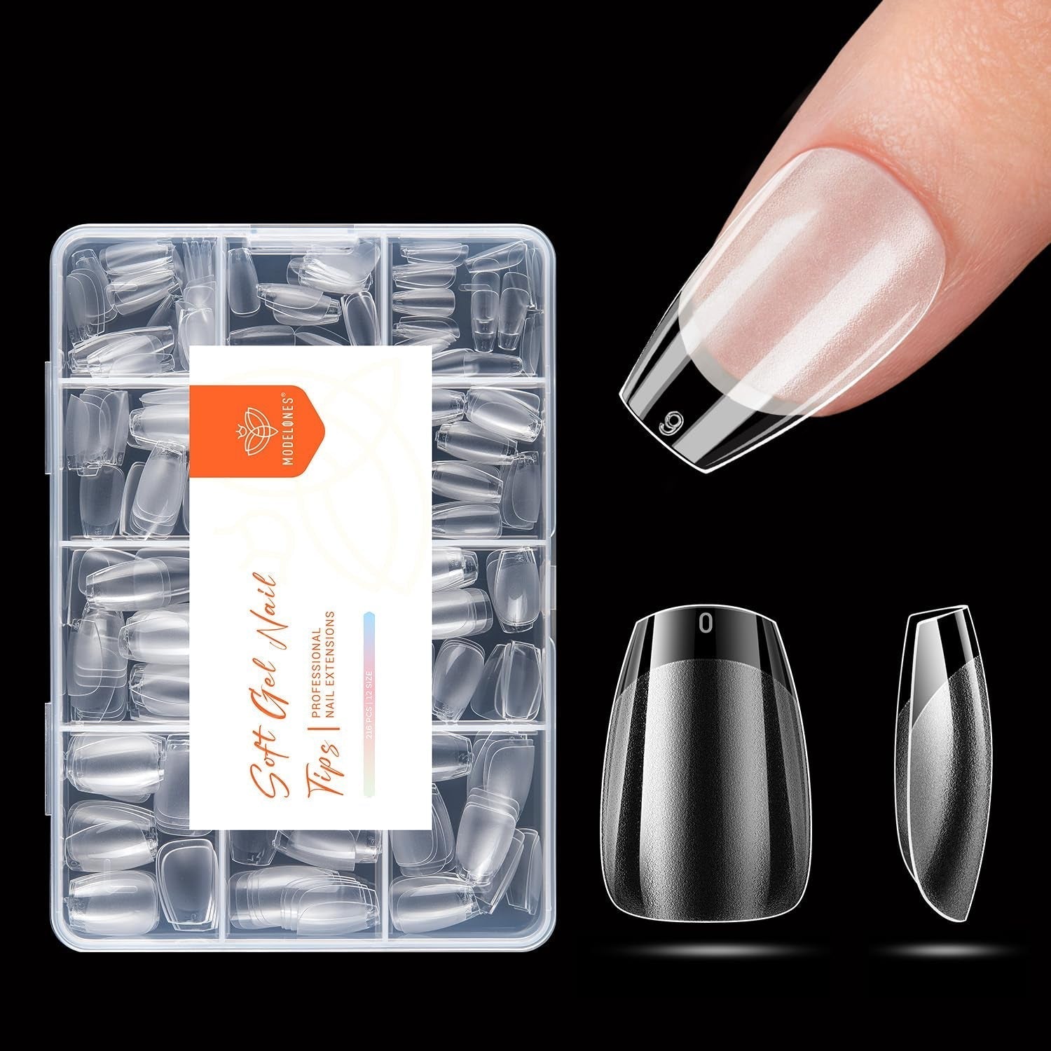 Modelones Puntas de Uñas 216 Piezas - Juego de Puntas de Uñas de Cobertura Completa, Juego de Puntas de Gel Suave, Puntas de Uñas de Resina PMMA Prepulido, Pegamento DIY en Uñas Artificiales, Almendras Cortas XS