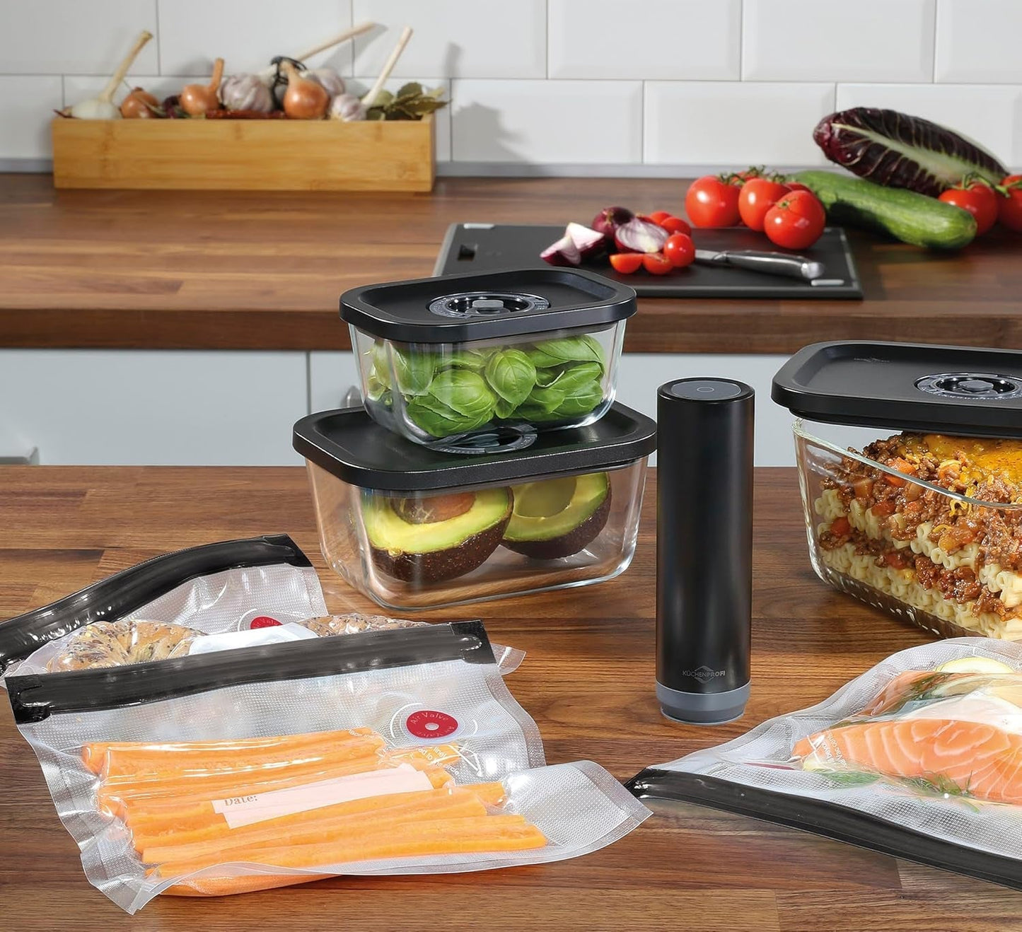 Set de vacío Küchenprofi EASYFRESH | Conjunto de 7 piezas | 1x bomba de vacío eléctrica, 1x vaso de vacío S, M y L, 3x bolsas de vacío 22x21 cm | vidrio de borosilicato, plástico de alta calidad | preparación y conservación Cajas de almacenamiento de alimentos Naty Shop