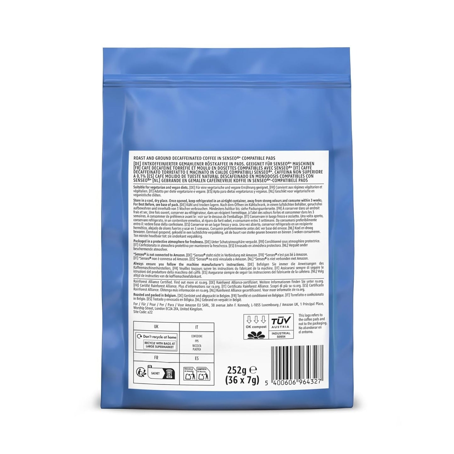 de Amazon Entkoffeinierte 100% Arábica-Kaffeepads, geeignet für Senseo-Maschinen, medium Röstung, 36 Stück (1 Packung mit 36 ​​​​Stück) – Certificado Rainforest Alliance
